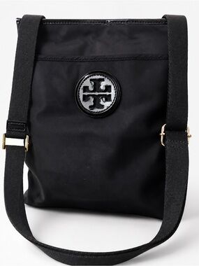 Tory Burch Perry Black Crossbody Bag with Patent Trim & Front Pocket